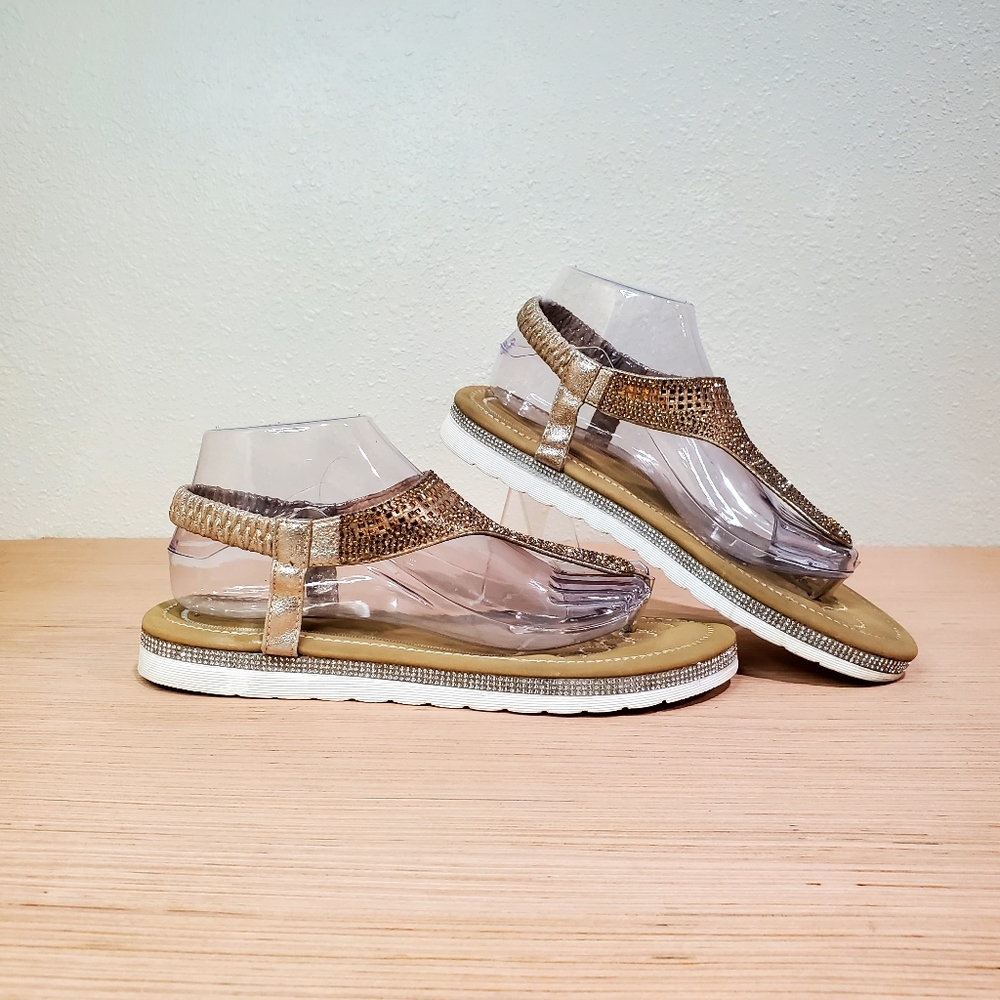 Lucita Gold Blinged Thong Sandals with a low platform, Size 10